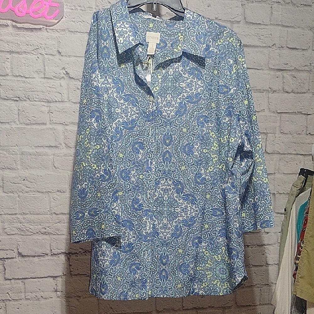 Chico's Blue and White Paisley Button Down Shirt NWT Xl
